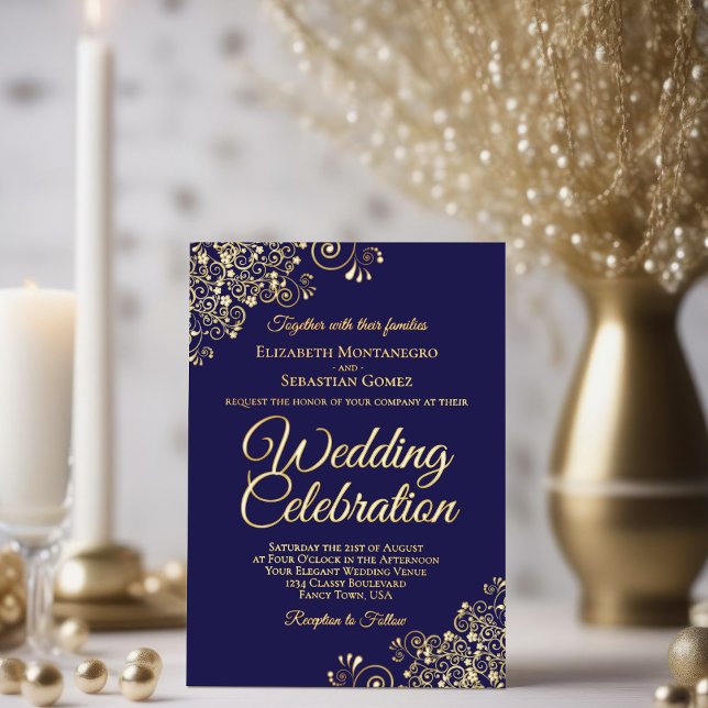 Invitation En Aluminium Elégant Gold Floral Frills Dark Navy Blue Mariage (Créateur téléchargé)