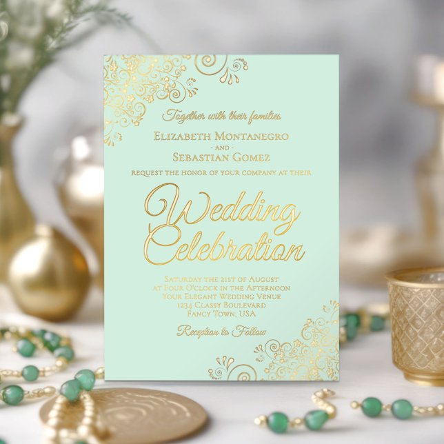 Invitation En Aluminium Elégant Gold Floral Frills sur Mint Green Mariage (Créateur téléchargé)
