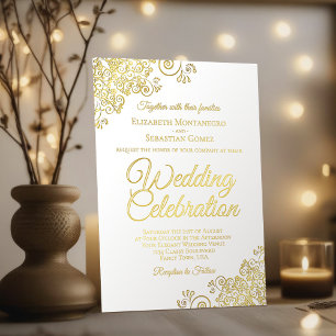 Invitation En Aluminium Elégant Gold Floral Frills sur White Chic Mariage