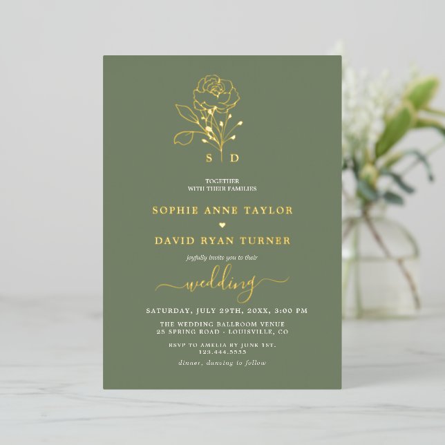 Invitation En Aluminium Elegant Gold Floral Sage Green Monogram Wedding (Debout devant)