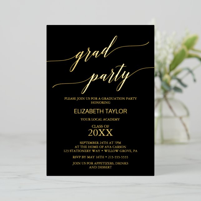 Invitation En Aluminium Elegant Gold Foil | Black Graduation Party (Debout devant)