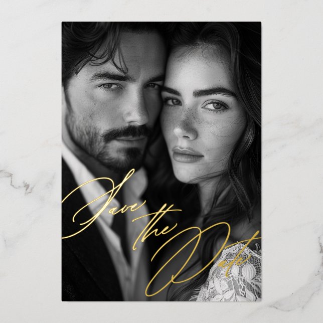 Invitation En Aluminium Elégant Gold Foil Calligraphie Photo Enregistrer l (Recto)