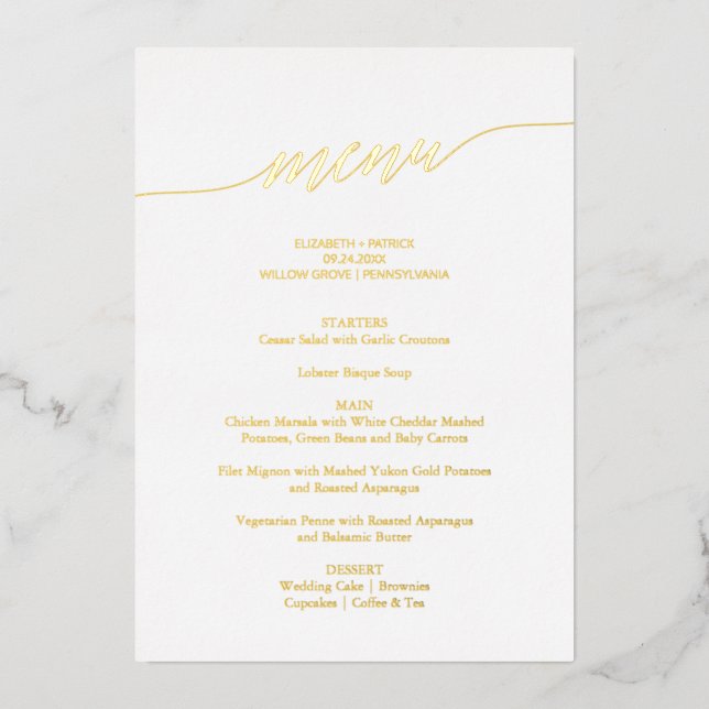 Invitation En Aluminium Elégant Gold Foil Calligraphy Mariage Dîner Menu (Recto)