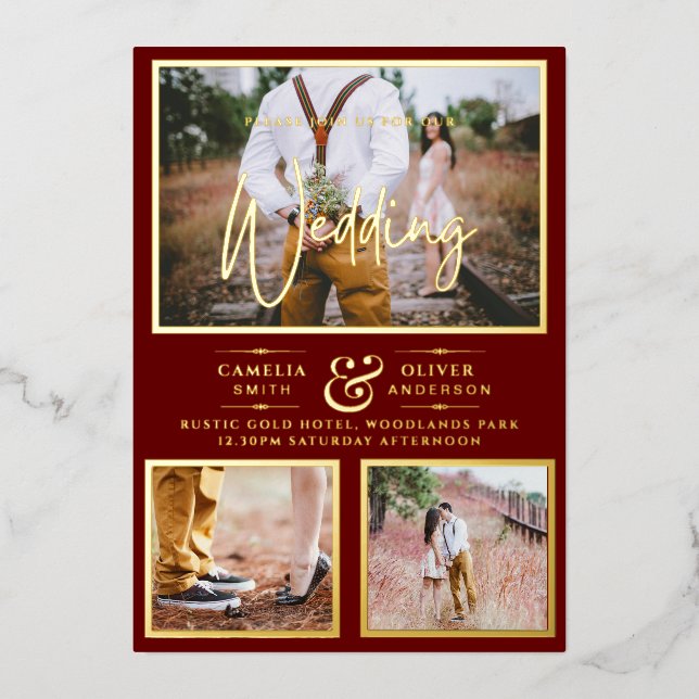 Invitation En Aluminium Elégant GOLD FOIL Photo Collage Mariage Bourgogne (Recto)