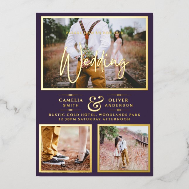 Invitation En Aluminium Elégant GOLD FOIL Photo Collage Plum Mariage (Recto)