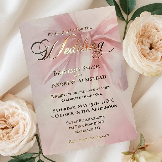 Invitation En Aluminium Elegant Gold Foil Pink Ribbon Wedding (Elegant Watercolor Blush Pink Bow Photo Wedding Foil Invitation)