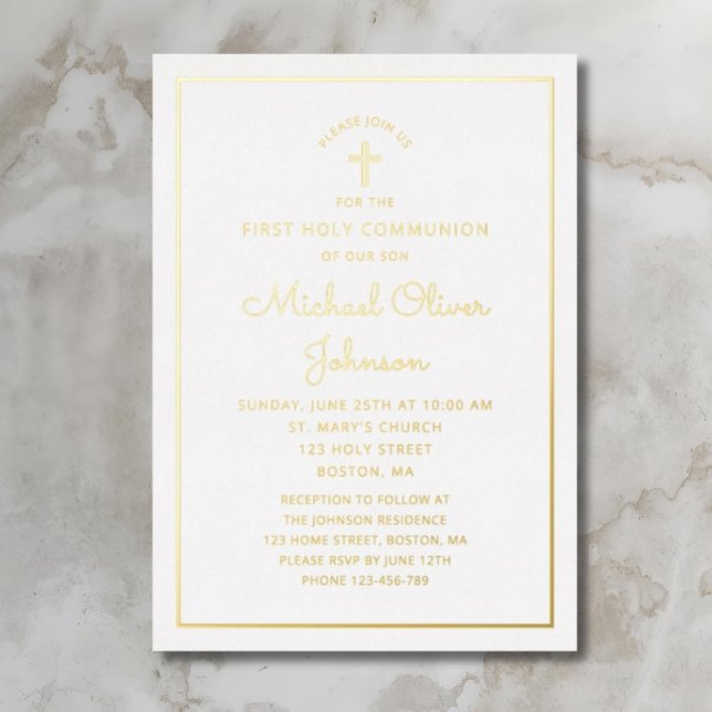 Invitation En Aluminium Élégant Gold Foil Script Blue First Communion (Elegant Gold Foil Script Blue First Communion Foil Invitation)