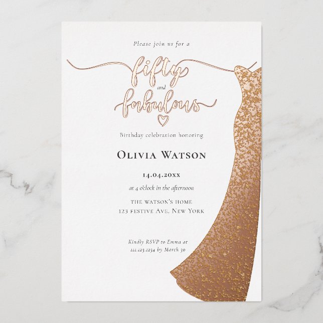 Invitation En Aluminium Elegant Gold Gown 50 et fabuleux anniversaire (Recto)