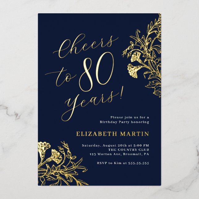 Invitation En Aluminium Elégant Gold Navy 80e anniversaire (Recto)