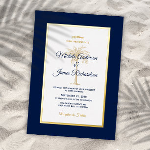 Invitation En Aluminium Elégant Gold Navy Blue Palm Tree Mariage tropical