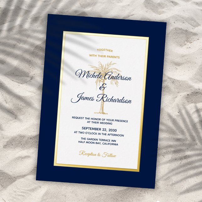 Invitation En Aluminium Elégant Gold Navy Blue Palm Tree Mariage tropical (Elegant Gold Navy Blue Palm Tree Tropical Wedding Foil Invitation)