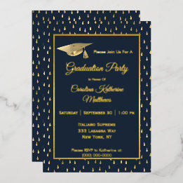 Invitation En Aluminium Elégant Gold Raindrops Navy Blue Graduation Party