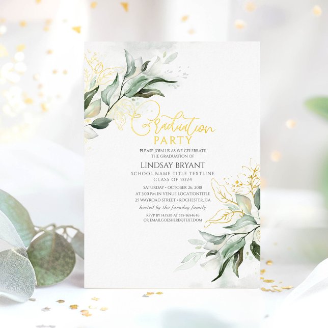 Invitation En Aluminium Elégant Gold Sage Green Boho Graduation Party (Greenery Graduation Invitations)