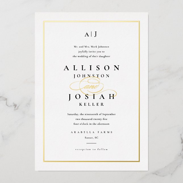 Invitation En Aluminium Élégant Gold Script Classic Mariage blanc (Recto)