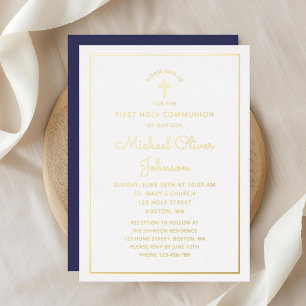 Invitation En Aluminium Élégant Gold Script Marine Blue First Communion