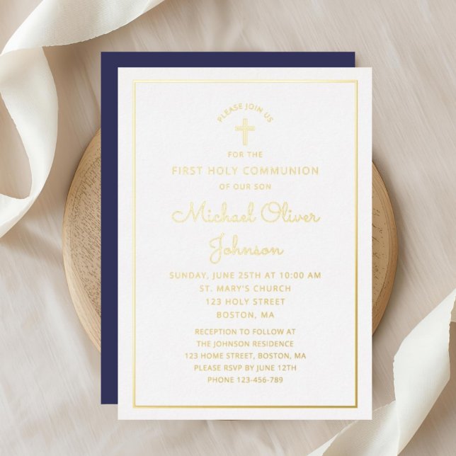 Invitation En Aluminium Élégant Gold Script Marine Blue First Communion (Elegant Gold Script Navy Blue First Communion Foil Invitation)