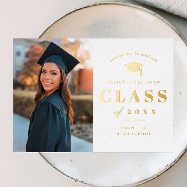 Invitation En Aluminium Élégant Gold Type Photo Graduation (Elegant Gold Foil Photo Graduation Announcement Invitations.)