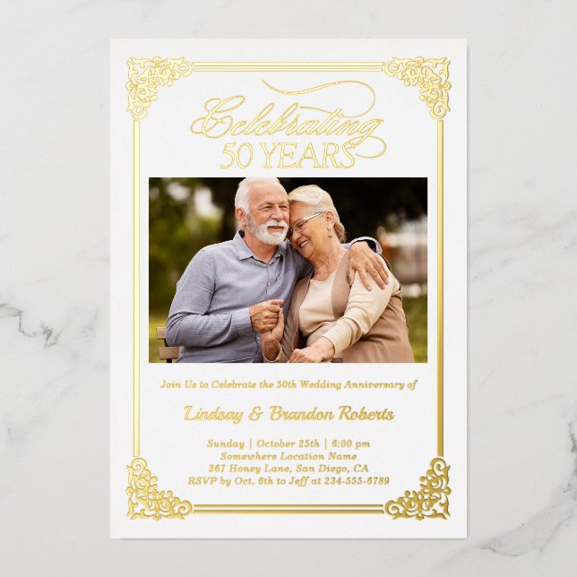 Invitation En Aluminium Elégant Golden 50th Mariage Anniversaire Photo (Recto)