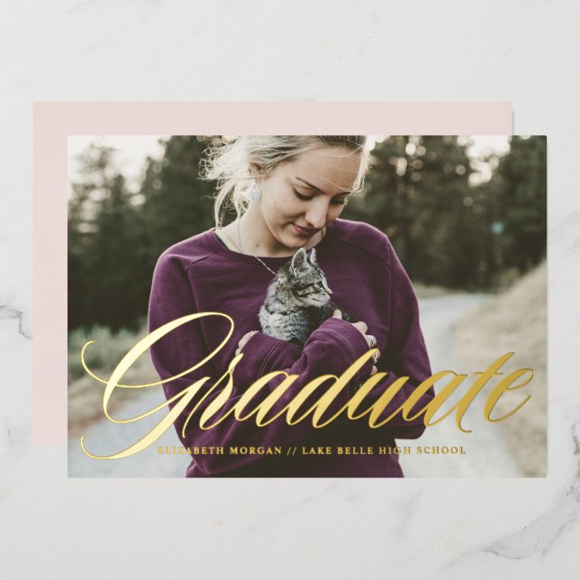 Invitation En Aluminium Élégant Gras Calligraphie Photo Graduation Or (Recto/Verso)