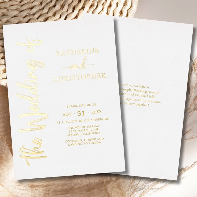 Invitation En Aluminium Élégant Gras Script Or Blanc Mariage formel (Elegant Bold Script Gold Foil Formal Wedding Invitation with vertical text. QR code for website.)