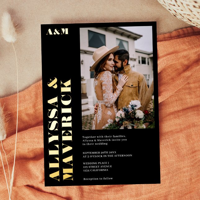 Invitation En Aluminium Élégant Gras simple mariage photo noir (Elegant Bold simple black photo wedding Foil Invitation)