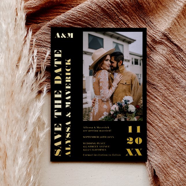 Invitation En Aluminium Élégant Gras simple or noir 2 photos mariage (Elegant Bold simple gold black 2 photos wedding Foil Invitation)