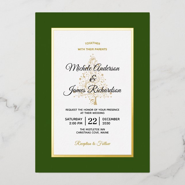 Invitation En Aluminium Elégant Green Gold Mariage de vacances hiver (Recto)