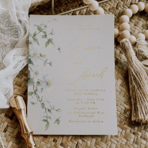 Invitation En Aluminium Élégant Greige & Papier D'or + Mariage aux Fleurs