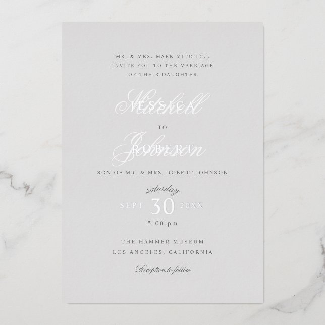 Invitation En Aluminium Élégant gris mariage argent (Recto)
