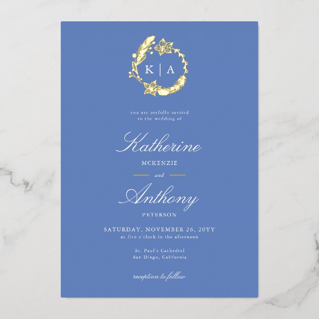 Invitation En Aluminium Élégant Hiver Blue Gold Crest Monogrammes Mariage (Recto)