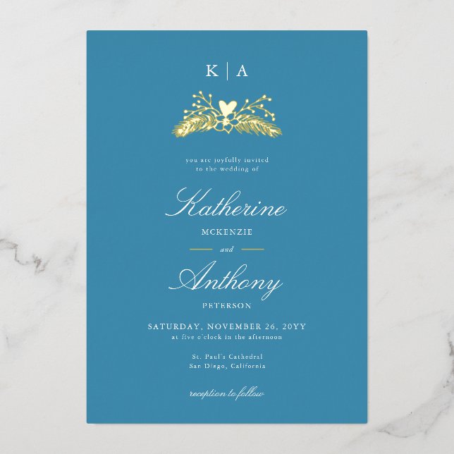 Invitation En Aluminium Élégant Hiver Blue Gold Heart Monogrammes Mariage (Recto)