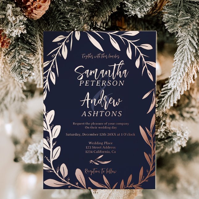 Invitation En Aluminium Elégant hiver merveilleux marine bleu mariage phot (Elegant winter wonderland navy blue wedding photo foil invitation)
