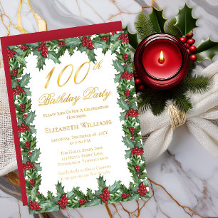 Invitation En Aluminium Elegant Holly Berries Frame 100e fête d'annivers
