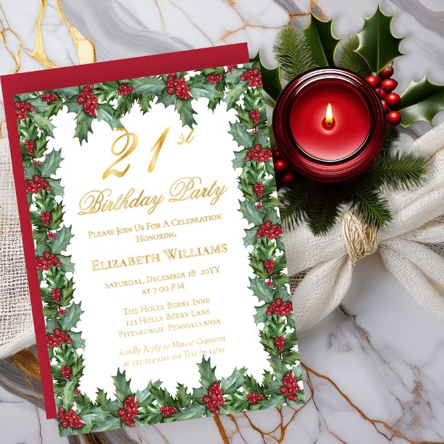 Invitation En Aluminium Elegant Holly | Berries Frame 21e fête d'anniversa (Elegant Holly and Berries Frame 21st Birthday Party Real Gold Foil Invitations)