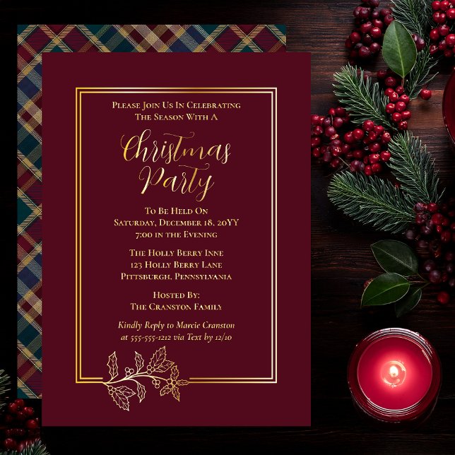 Invitation En Aluminium Elegant Holly | Berries Rich Plaid Noël (Elegant Holly and Berries with Rich Plaid Christmas Party Foil Invitations - Dark Cranberry Red)