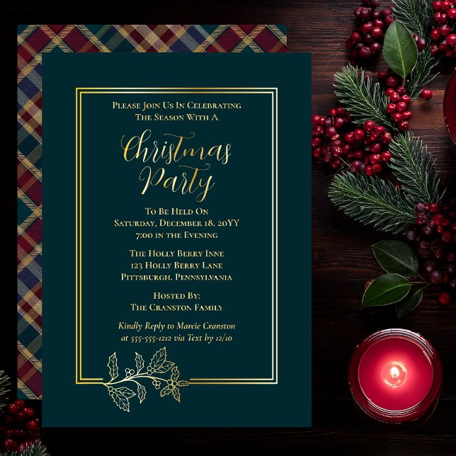 Invitation En Aluminium Elegant Holly | Berries Rich Plaid Noël (Elegant Holly and Berries with Rich Plaid Christmas Party Foil Invitations - Dark Teal Green)