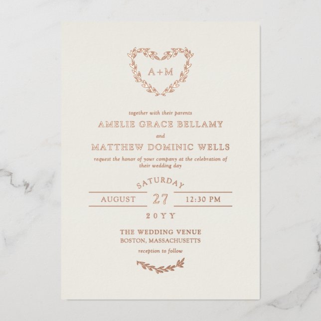 Invitation En Aluminium Élégant ivoire et Rose Mariage de couronne de coeu (Recto)