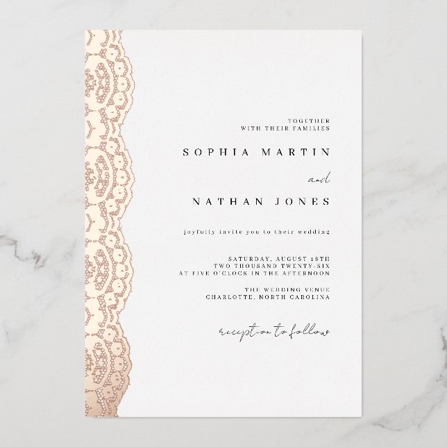 Invitation En Aluminium Elegant Lace Real Rose Gold Foil Wedding  (Recto)