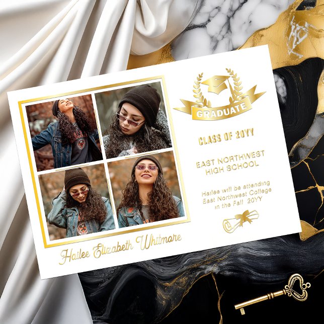 Invitation En Aluminium Elegant Laurels Four Photo Graduation Announcement (Elegant and Classy Grad Cap and Laurels 4 Photo Collage White and Gold Foil Graduation Announcement)