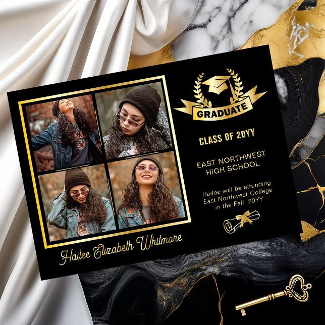 Invitation En Aluminium Elegant Laurels Four Photo Graduation Announcement (Elegant and Classy Grad Cap and Laurels 4 Photo Collage Black and Gold Foil Graduation Announcement)