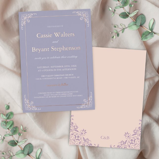 Invitation En Aluminium Élégant Lavendar rose pâle Mariage minimal (lavender purple and blush pink with rose gold foil wedding invitations for romantic garden events)
