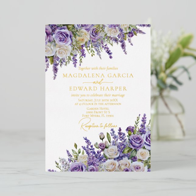 Invitation En Aluminium Elegant Light Purple Lavender Roses Floral Wedding (Debout devant)