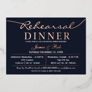 Invitation En Aluminium Élégant Luxe Navy Rose Gold Dîner de Répétition Fo