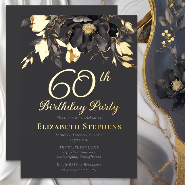 Invitation En Aluminium Elegant Magnolia Adult 60th Birthday Party Gold  (Elegant Magnolia Luxury Gold Foil Graphite Gray Adult 60th Birthday Party Invitation)