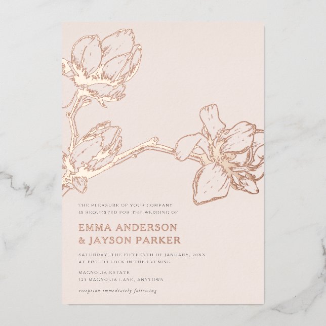 Invitation En Aluminium Élégant Magnolia Mariage Bleu Rose Or (Recto)