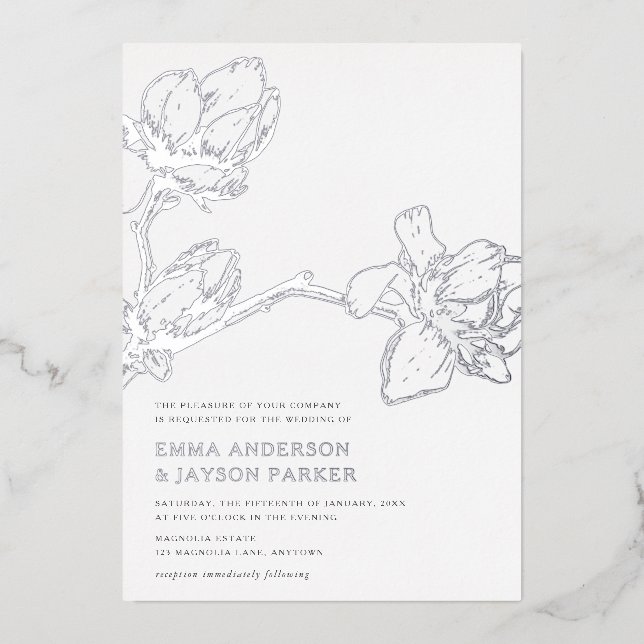 Invitation En Aluminium Élégant Magnolia Mariage gracieux Blanc + Argent (Recto)
