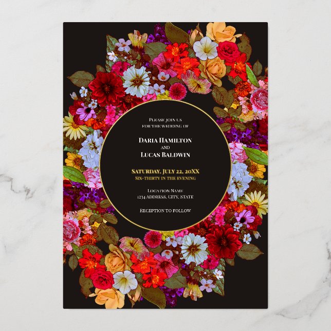 Invitation En Aluminium Elégant Mariage à agencement de fleurs mixtes (Recto)