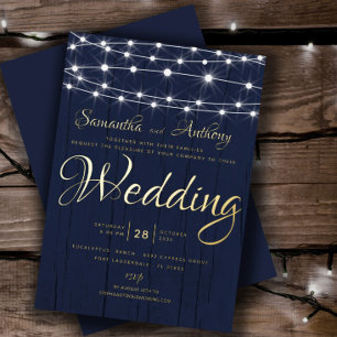 Invitation En Aluminium Élégant Mariage à cordes or et marine RSVP
