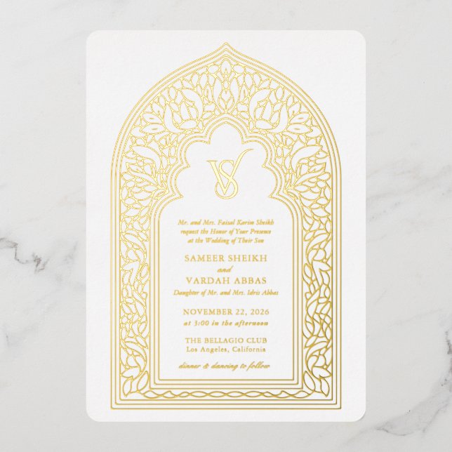 Invitation En Aluminium Élégant Mariage Arabesque Or (Recto)