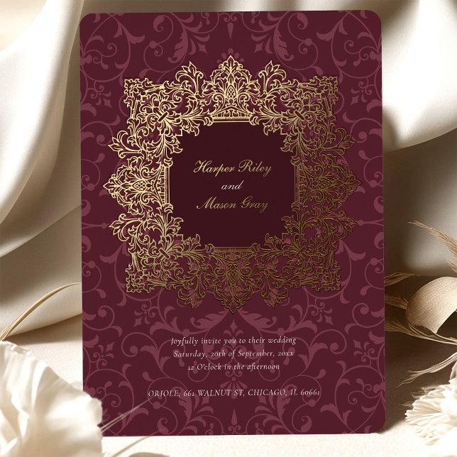 Invitation En Aluminium Élégant Mariage baroque Bourgogne Gold Foil (Créateur téléchargé)